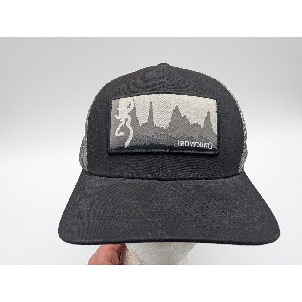 Browning Mens Mountain Patch Trucker Hat Black Grey Snapback Mesh Cap